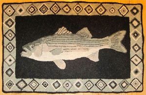 Striper Rug hooked by Lynn Douglas - her own design (they love fishing!)